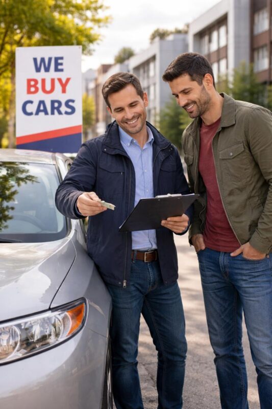 Dwóch mężczyzn omawia szczegóły sprzedaży samochodu